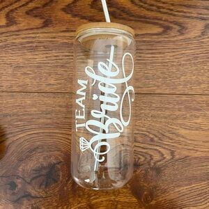 Team Bride Glass Water Tumbler with Bamboo Lid - White